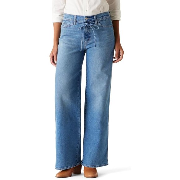 Women's Wide Leg Jean Pants Stretch Denim Mid-Rise Belted Plus Size Comfortable - Picture 1 of 5